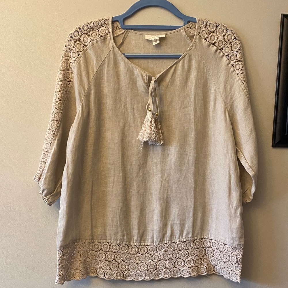 Charter Club linen Beige Lace Accent Blouse